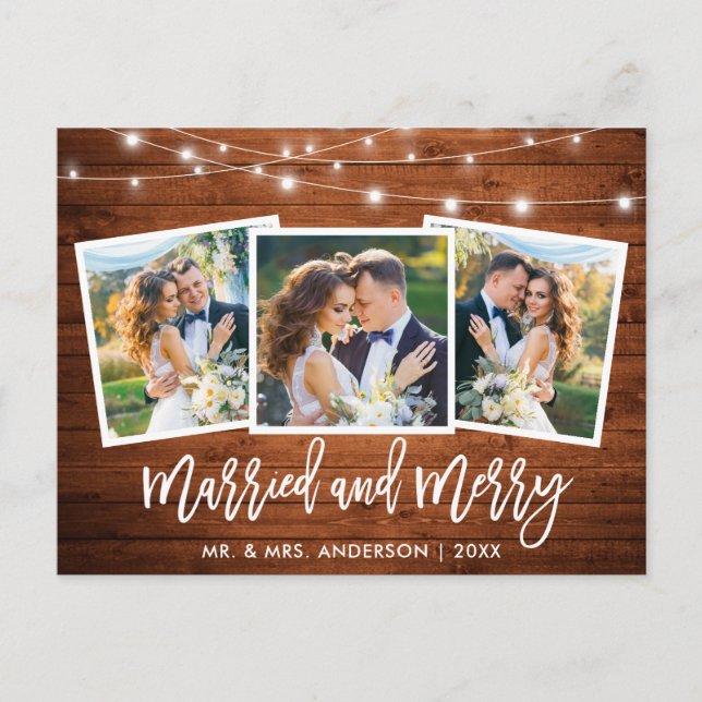 Brush Script Wood Lights 3 Photo Married Merry Postcard (Front)