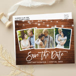 Brush Script Wood Lights 3 Photo Save The Date Postcard<br><div class="desc">Modern Brush Script,  Rustic Wood and String Lights,  Save The Date Engagement Couple 3 Photo Postcard</div>