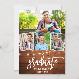 Brush Script Wood Lights 4 Photo Graduation Announcement