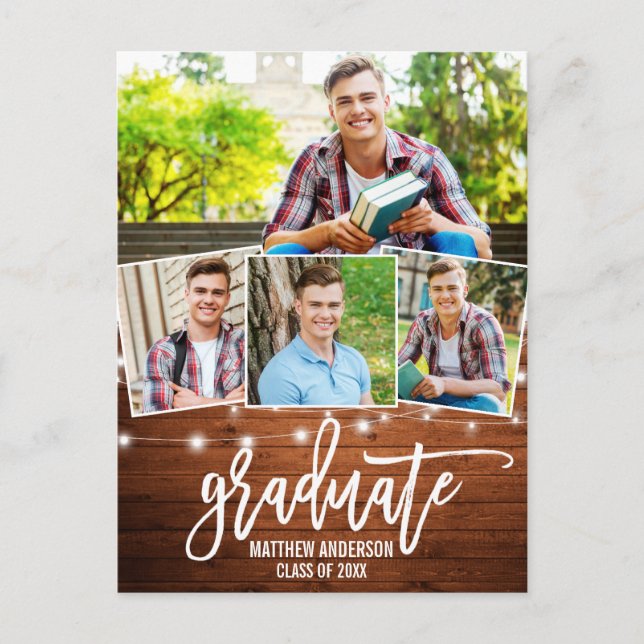 Brush Script Wood Lights Graduation Announcement (Front)