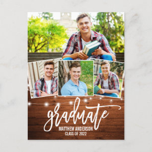 Brush Script Wood Lights Graduation Announcement Postcard