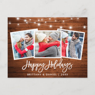 Brush Script Wood Lights Holiday 3 Photo Postcard