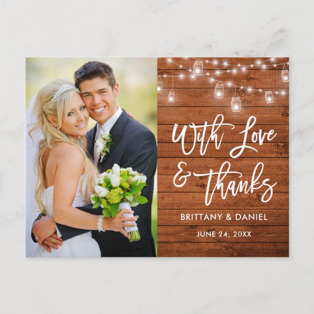 Brush Script Wood Lights Love and Thanks Wedding Postcard (Front)