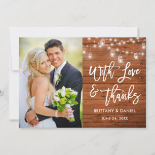 Brush Script Wood Lights Love and Thanks Wedding Thank You Card