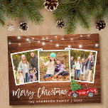 Brush Script Wood Lights Truck 3 Photo Christmas Postcard<br><div class="desc">Rustic Wood Brush Script 3 Photo Family Merry Christmas Card with String Lights - Watercolor Vintage Red Truck with Christmas Tree</div>