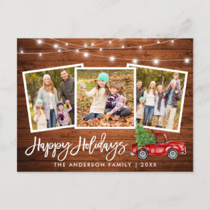 Brush Script Wood Lights Truck 3 Photo Holiday Postcard