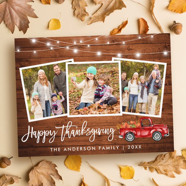 Brush Script Wood Lights Truck Photo Thanksgiving Postcard (Customize to change your personalized text size or text style.)