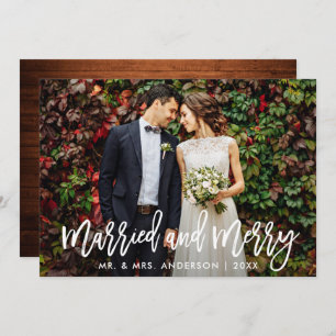 Brush Script Wood Married & Merry Christmas Card