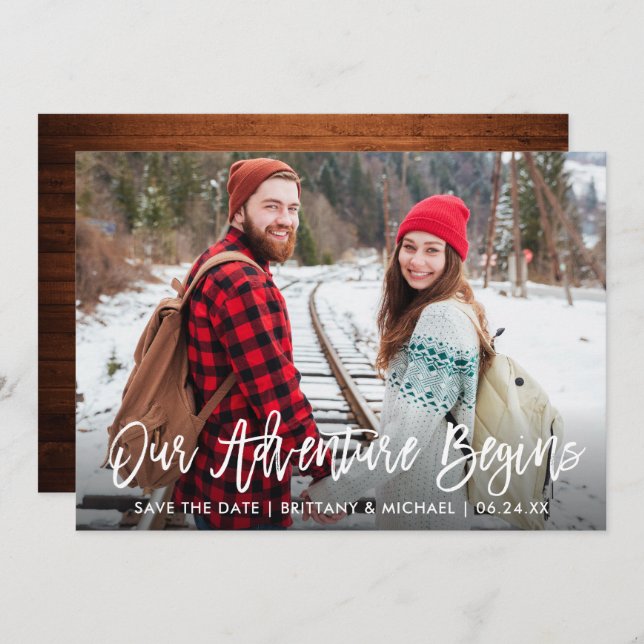 Brush Script Wood Save The Date Adventure Card (Front/Back)
