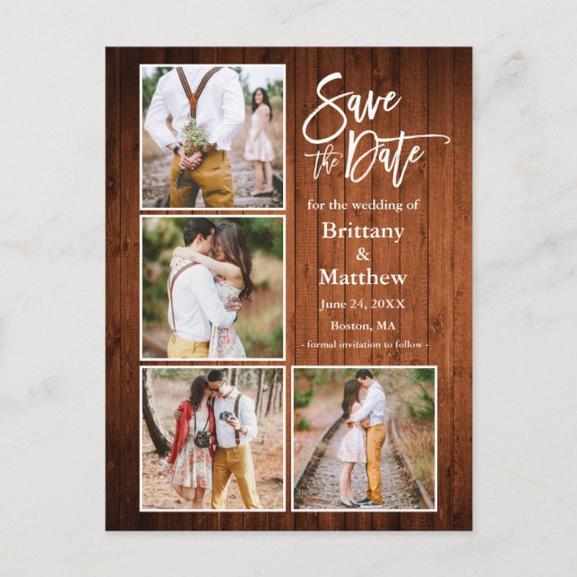 Brush Script Wood Save The Date Couple 4 Photo Postcard (Front)
