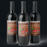 Brush Script Wood Snow 1st Christmas Home Truck Wine Label<br><div class="desc">Modern Brush Script Our First Christmas in our New Home Holiday Wine Bottle Label includes Watercolor Vintage Red Truck with Christmas Tree - Rustic Country Wood and Snow Top</div>
