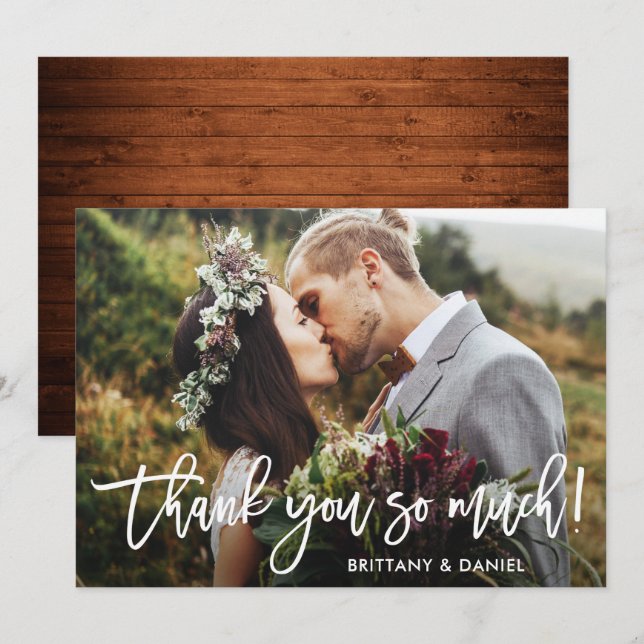 Brush Script Wood Thank You So Much Wedding Card (Front/Back)
