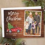 Brush Script Wood Vintage Truck Photo Christmas Holiday Card<br><div class="desc">Modern Brush Script Watercolor Vintage Red Truck with Christmas Tree - Merry Christmas Family Photo Holiday Card - Rustic Country Wood</div>