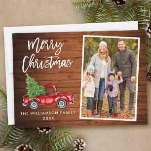 Brush Script Wood Vintage Truck Photo Christmas Holiday Card