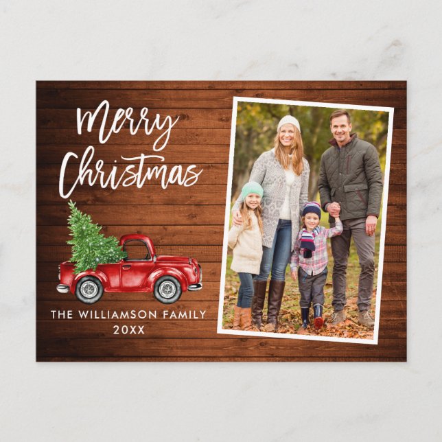 Brush Script Wood Vintage Truck Photo Christmas Postcard (Front)