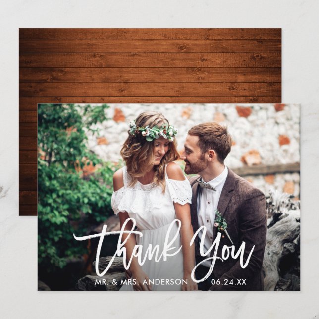 Brush Script Wood Wedding Photo Thank You Card (Front/Back)