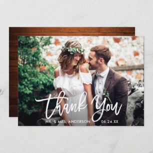 Brush Script Wood Wedding Photo Thank You Card