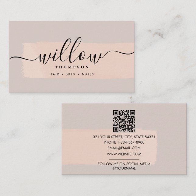 Brush Stroke Blush Pink QR Code Business Card (Front/Back)