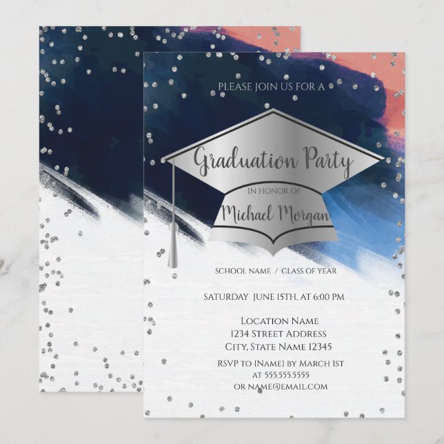 Brush Stroke  Graduation Cap,Diamonds Graduation Invitation (Front/Back)