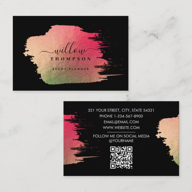Brush Stroke Pink Gold on Black Event Planner Business Card (Front/Back)