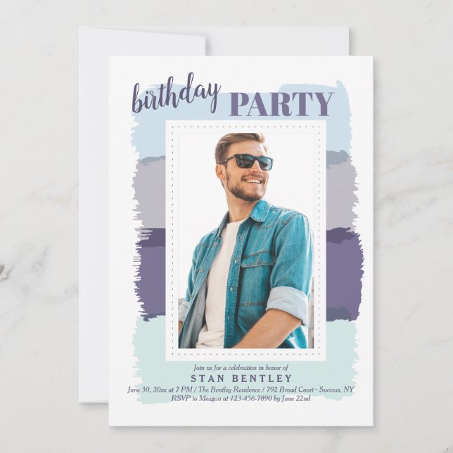 Brush Strokes Blue Photo Birthday Party Invitation (Front)