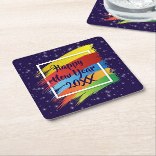 Brush Strokes Happy New Year 20xx Party Square Paper Coaster