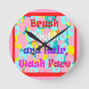 Brush Teeth Hair Wash Face fun kids bright design  Round Clock