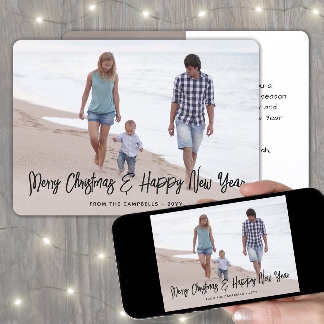 Brushed Black Script Christmas & New Years 2 Photo Holiday Card (Creator Uploaded)