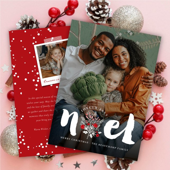 Brushed Bold Noel Floral Rustic Christmas Photo Holiday Card (Creator Uploaded)