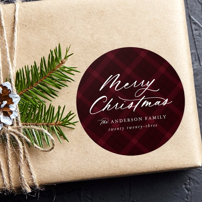 Brushed Burgundy Plaid Merry Christmas Classic Round Sticker (Creator Uploaded)