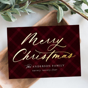 Brushed Burgundy Plaid Merry Christmas Non-Photo Foil Holiday Card