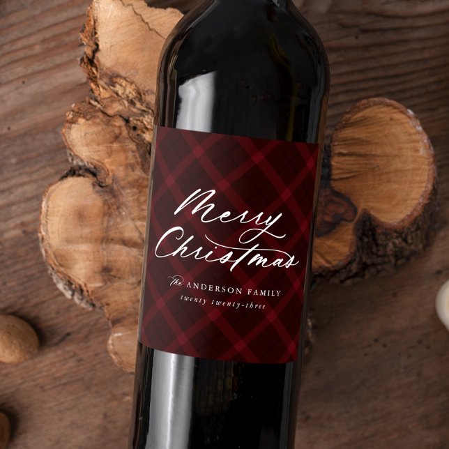 Brushed Burgundy Plaid Merry Christmas Wine Label (Creator Uploaded)