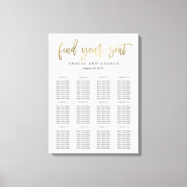 Brushed Calligraphy Seating Chart Canvas Faux Gold (Front)