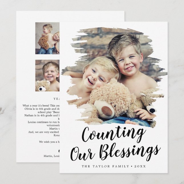 Brushed Counting Our Blessings Year In Review Holiday Card (Front/Back)