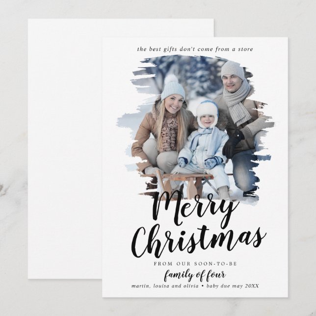 Brushed Family of Four Pregnancy Photo Holiday Card (Front/Back)
