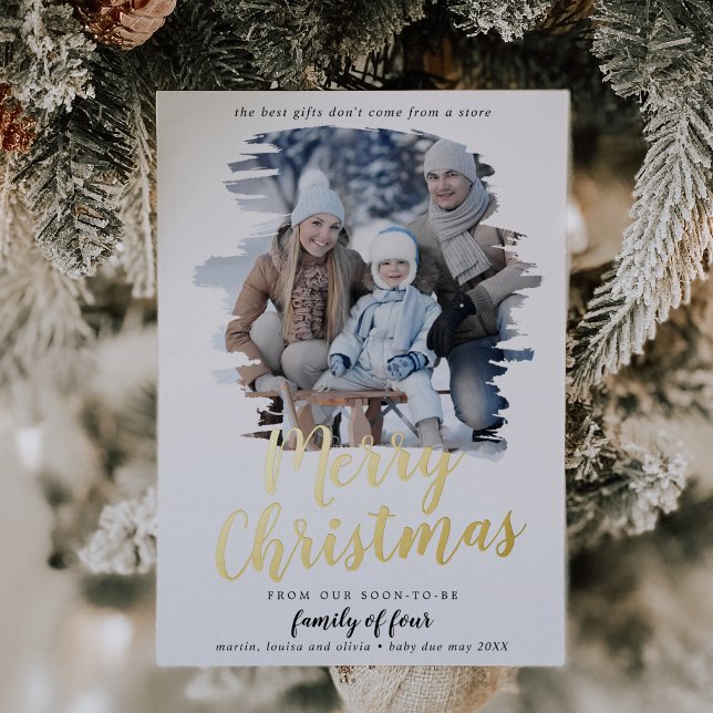 Brushed Foil Family of Four Pregnancy Photo Foil Holiday Card (Creator Uploaded)