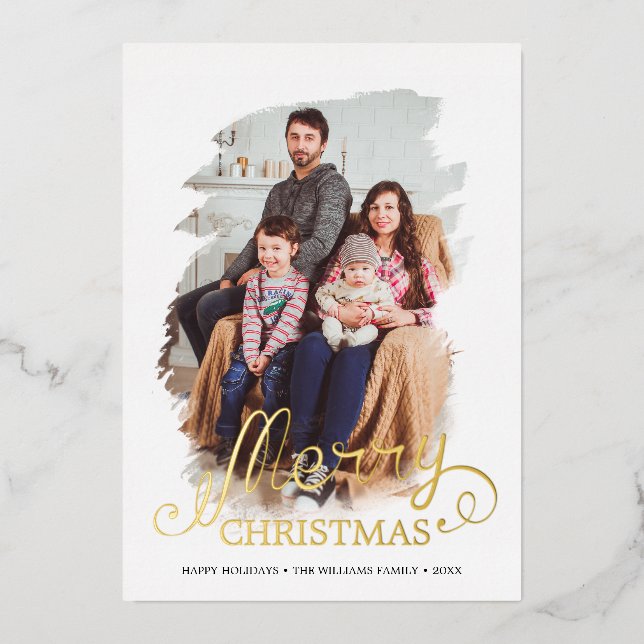 Brushed Frame Merry Christmas Year in Review Photo Foil Holiday Card (Front)