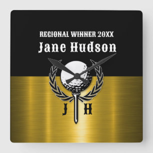 Brushed Gold Custom Golf Monogram Design Square Wall Clock