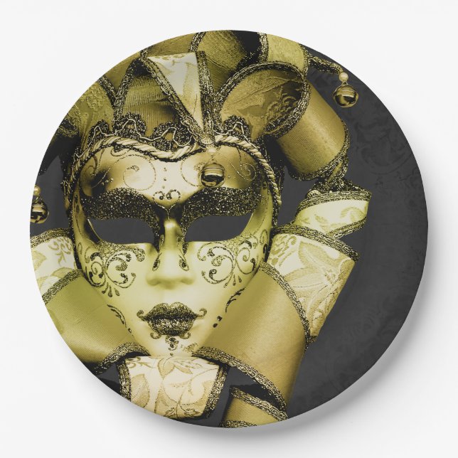 Brushed Gold Mardi Gras Masquerade Paper Plate (Front)