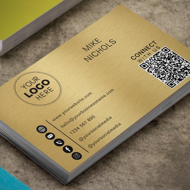 Brushed Gold Metal Effect QR Code Connect With Us  Business Card (Creator Uploaded)