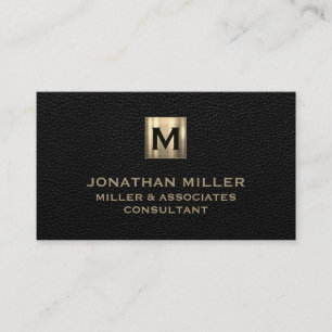 Brushed Gold Monogrammed Black Leather Business Card