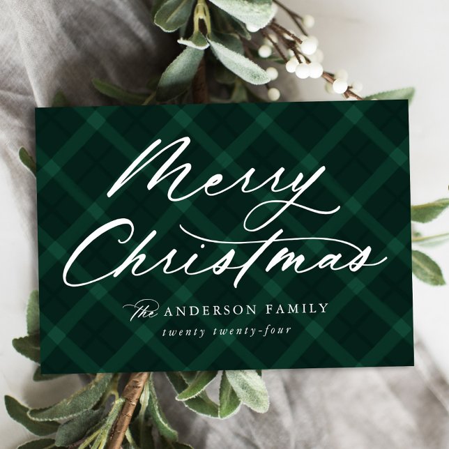Brushed Green Plaid Merry Christmas Non-Photo Holiday Card (Creator Uploaded)