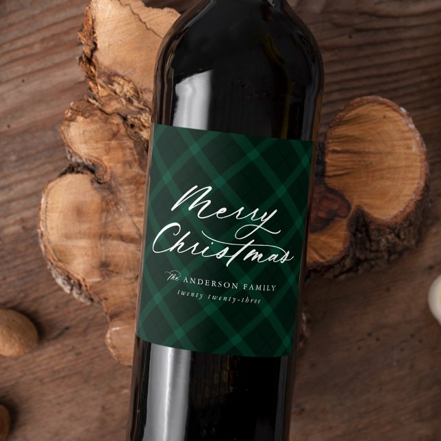Brushed Green Plaid Merry Christmas Wine Label (Creator Uploaded)