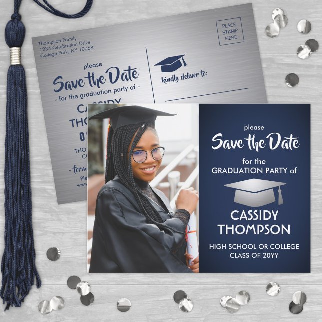 Brushed Grey & Navy Graduation Photo Save the Date Postcard (Creator Uploaded)