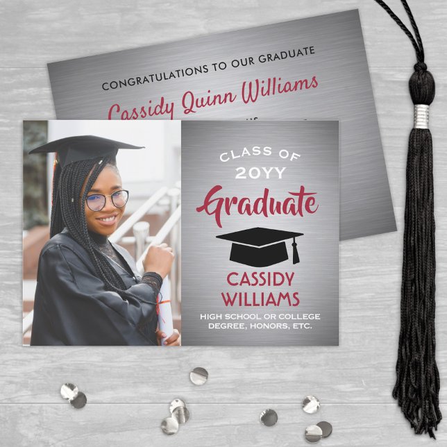 Brushed Grey Ombre, Red and White Graduation Photo Invitation (Creator Uploaded)