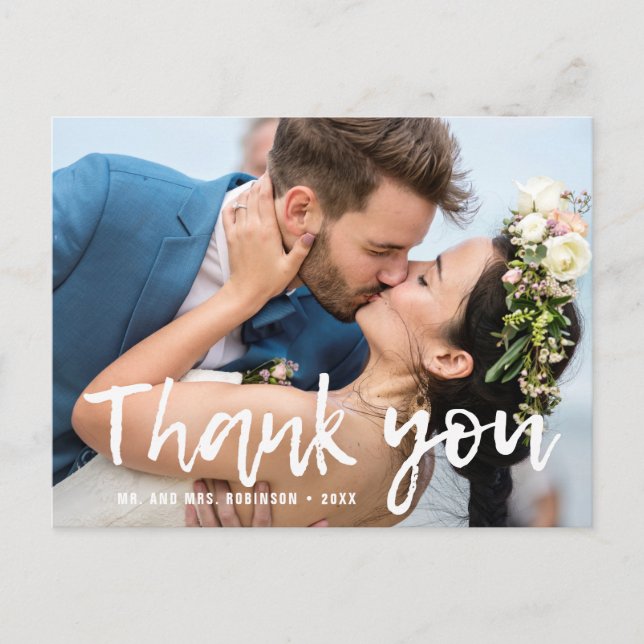 Brushed Hand Lettering Photos Wedding Thank You Postcard (Front)