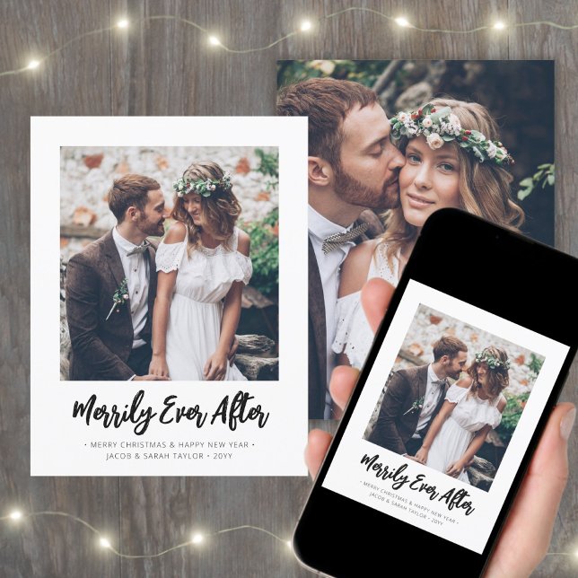 Brushed Merrily Ever After Newlyweds Photo Simple Holiday Card (Creator Uploaded)