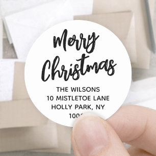 Brushed Merry Christmas Black White Return Address Classic Round Sticker