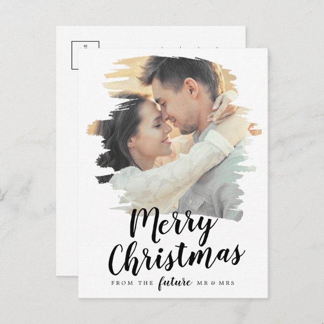 Brushed Merry Christmas Save the Date Photo Holiday Postcard (Front/Back)