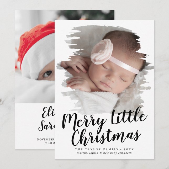 Brushed Merry Little Christmas Portrait Birth Holiday Card (Front/Back)
